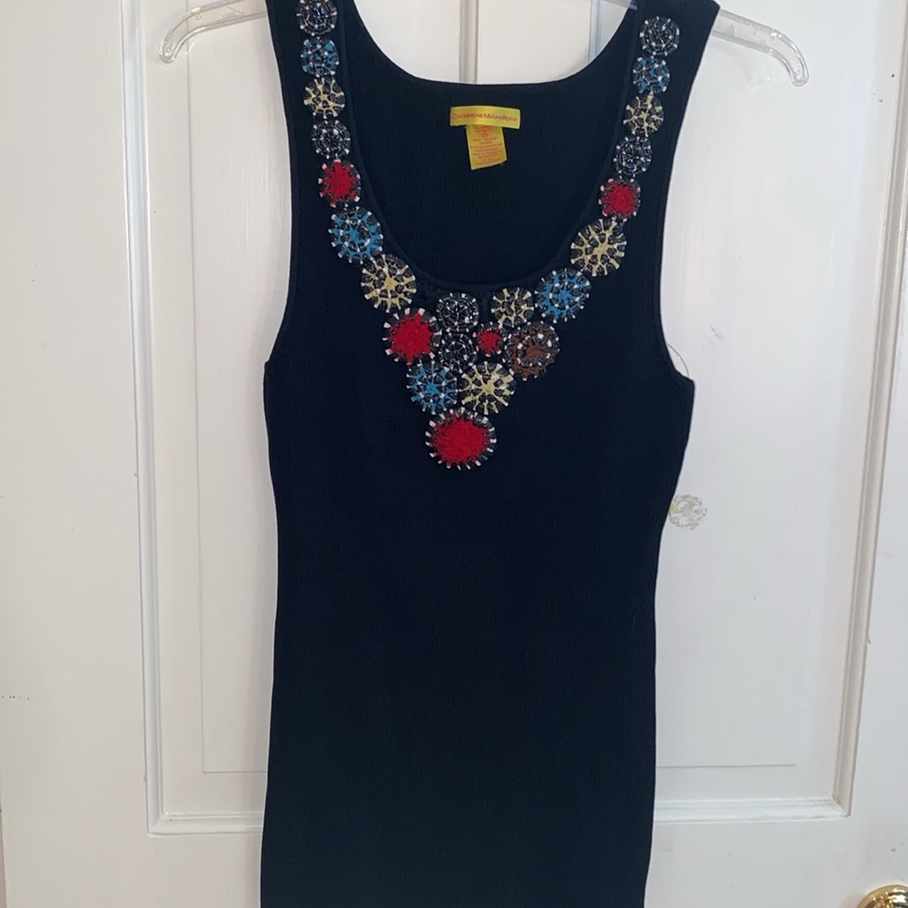 Catherine Malandrino bold embellished ribbed black tank Sz M EUC